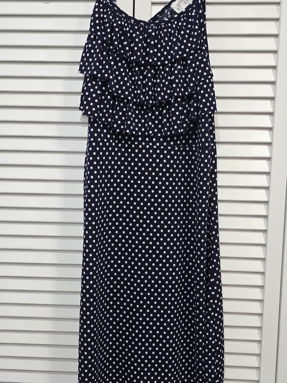 Sweet Storm Navy and White Polka Dot Ruffle Maxi Dress